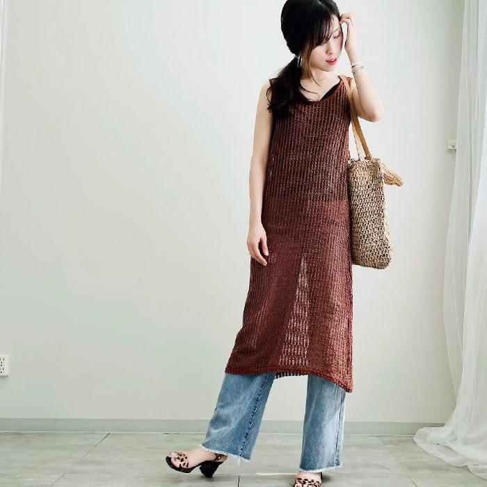 ワンピースレディース 夏 透かし編み サマーニット ロング メッシュ