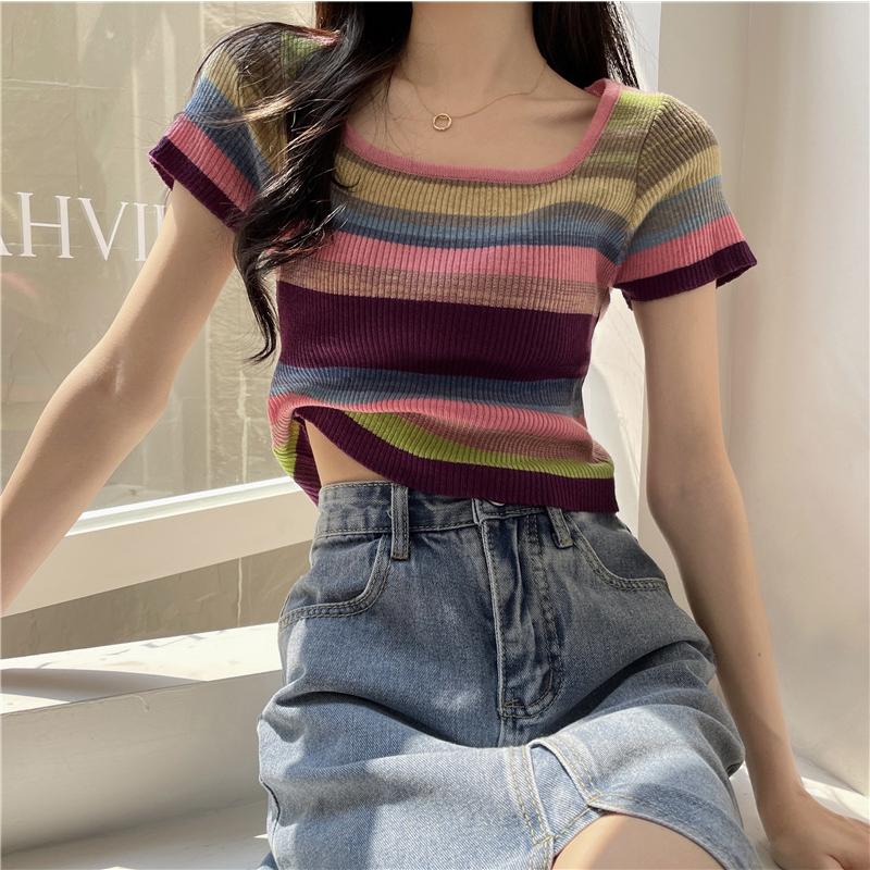 ボーダー tシャツ レディース 半袖 ショート丈 クロップド丈 トップス