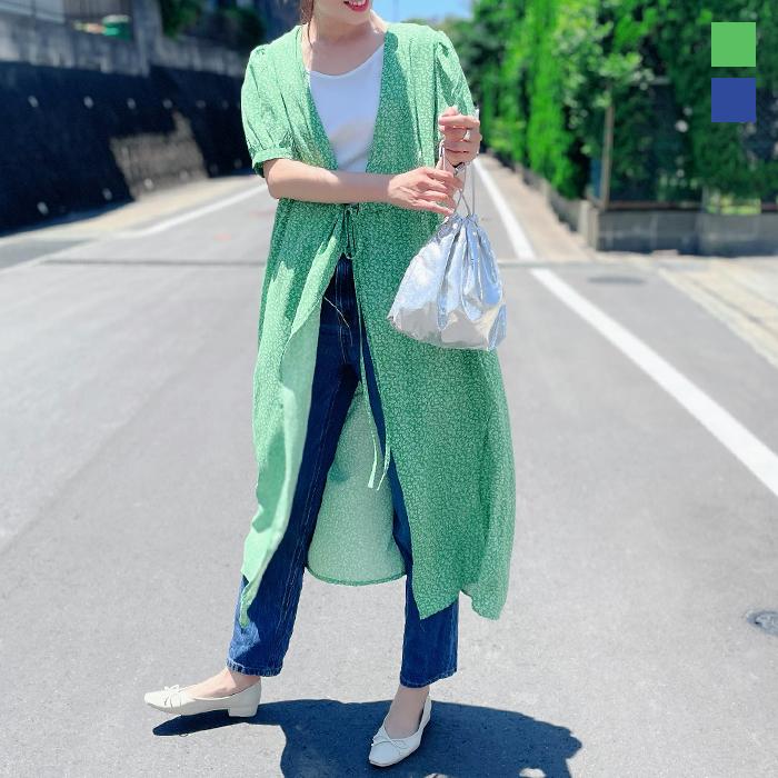 ワンピース 小花柄 小花 2way Vネック トップス パフスリーブ 薄手 羽織 ロング丈 ウエストマーク デコルテ魅せ リボン レイヤード 韓国 送料無料 Wp 216 Tokohana 通販 Yahoo ショッピング