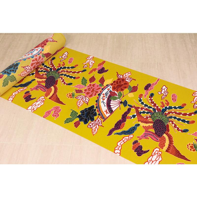 和柄 生地 紅型 びんがた 扇と鳳凰 (藤黄) 生地巾38cm×46cm単位