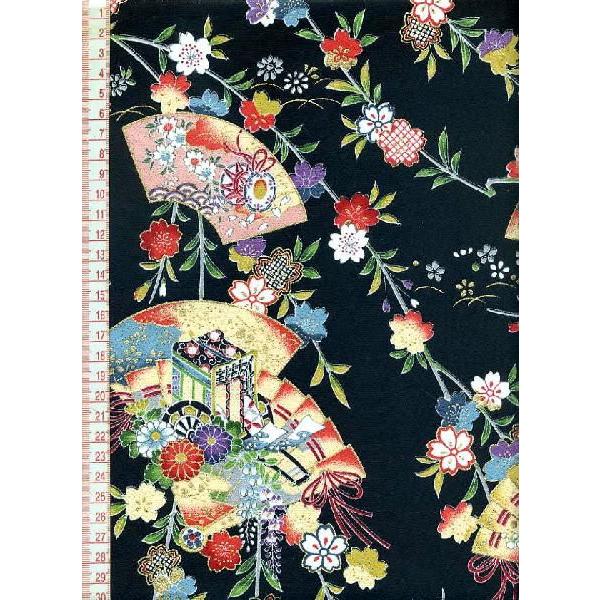 京 正絹金彩友禅 花扇に蝶 黒 10cm単位 切り売り 和柄 生地 はぎれ 布