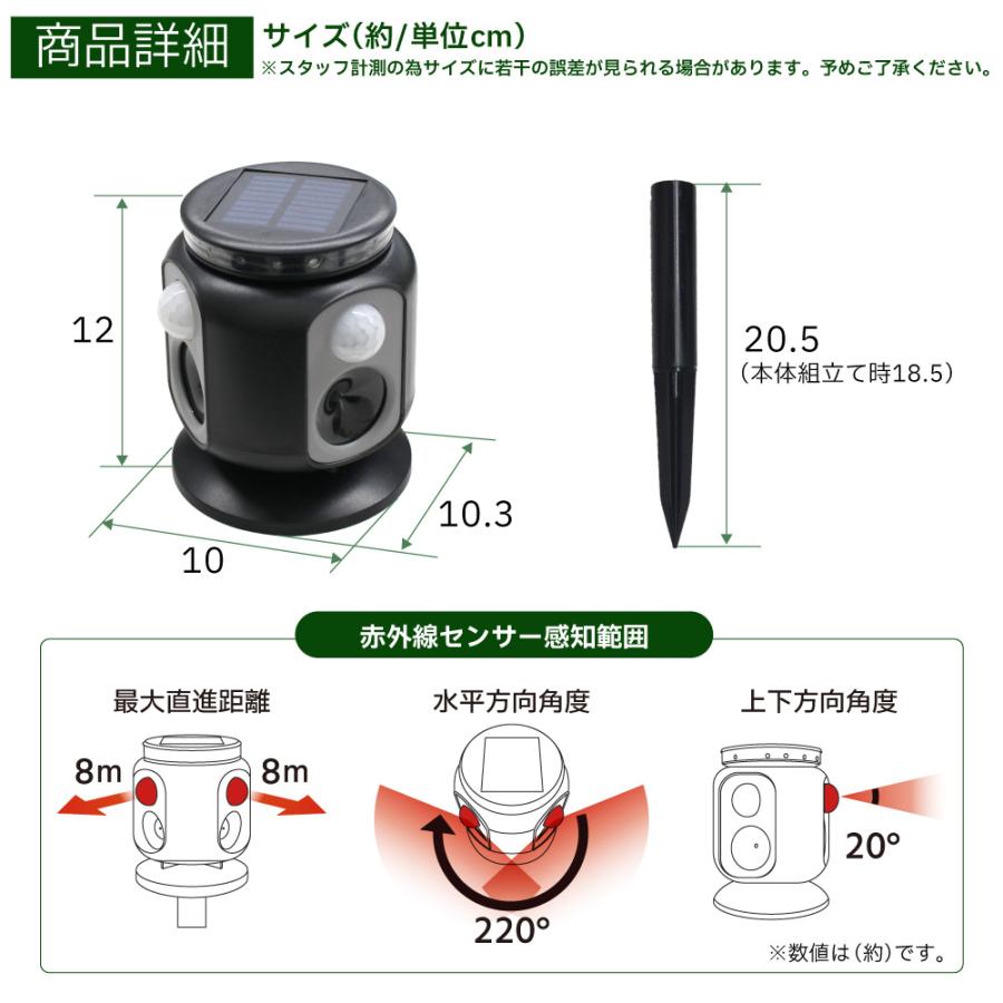 2台セット 猫よけ対策 最強 庭 駐車場 撃退 イノシシ ハクビシン 超音波 カラス 犬 野良猫 音声 猫除け ソーラー USB充電 法人 車 マシーン 撃退グッズ｜tokusen-kan｜10