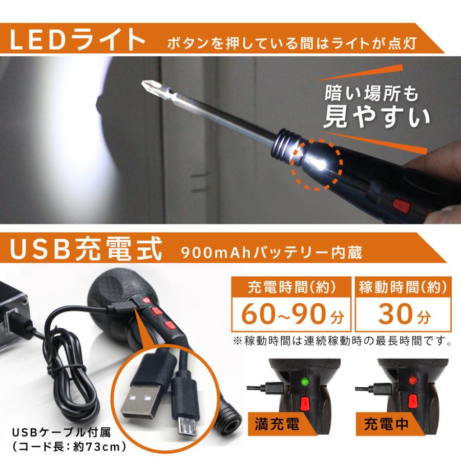 19点セット 電動ドライバーセット 小型 充電式 ビット ドリル ラクチンドラ ミニ シャフト 手動 電動工具 バッテリー 収納ケース付き LEDライト｜tokusen-kan｜06