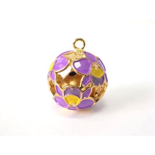 花模様 木製鈴 紫色ストラップ付き 鈴 ラン 蘭 紫 約2cm 和鈴 花柄 携帯ストラップ キーホルダー等に