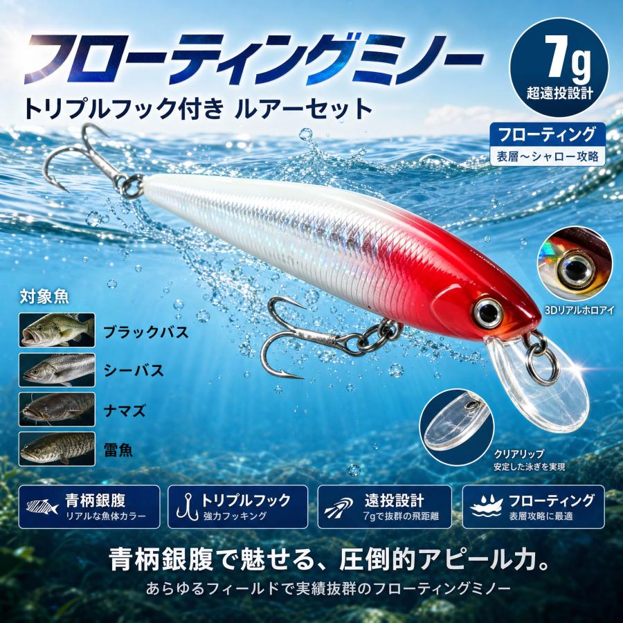 フローティングミノー トリプルフック付き ルアーセット ブラックバス