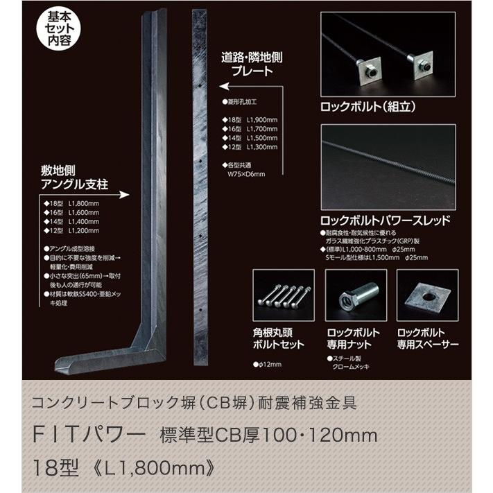 コンクリートブロック塀（CB塀）耐震補強金具 FITパワー標準型 CB厚100・120mm 18型（L1800mm）