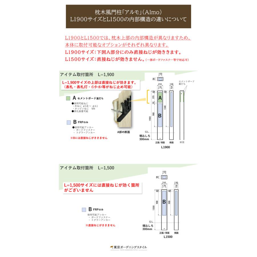 【新色登場！】枕木風門柱「アルモ」（Almo） L1900（FRP製）※門柱1本の価格です【腐らない枕木門柱 門まわり 表札ポスト取付可】｜tokyo-gardening｜07