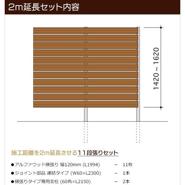 樹脂フェンス｜アルファウッド　横張りタイプ（幅120mm）　11段張り(※部材セットのため、お客様による組立は必要です)
