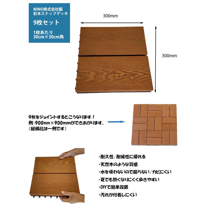 彩木スナップデッキ・9枚1セット/サイズ1枚あたり：300mm×300mm×44mm