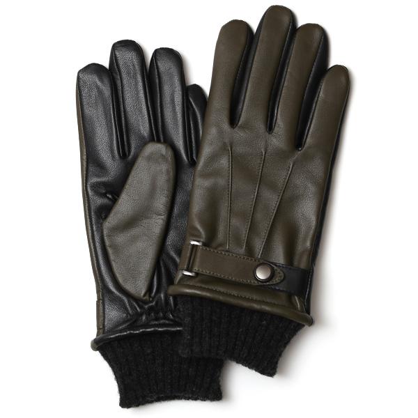 手袋 メンズ スマホ対応 レザーグローブ ベルト リブ付 グリーン 緑色 プレゼント ギフト 彼氏 旦那 男性 クリスマス バレンタイン | KURODA
