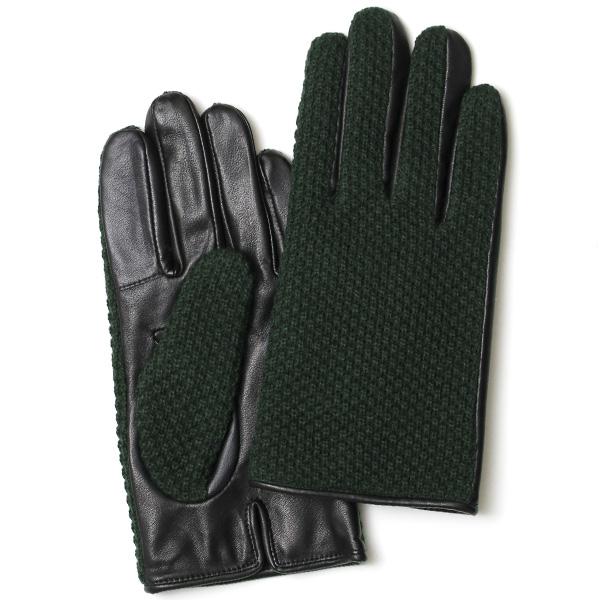 本革手袋 メンズ 鹿子編みニット グリーン 緑色 スマホ操作可能 裏起毛 KURODA(クロダ) | KURODA