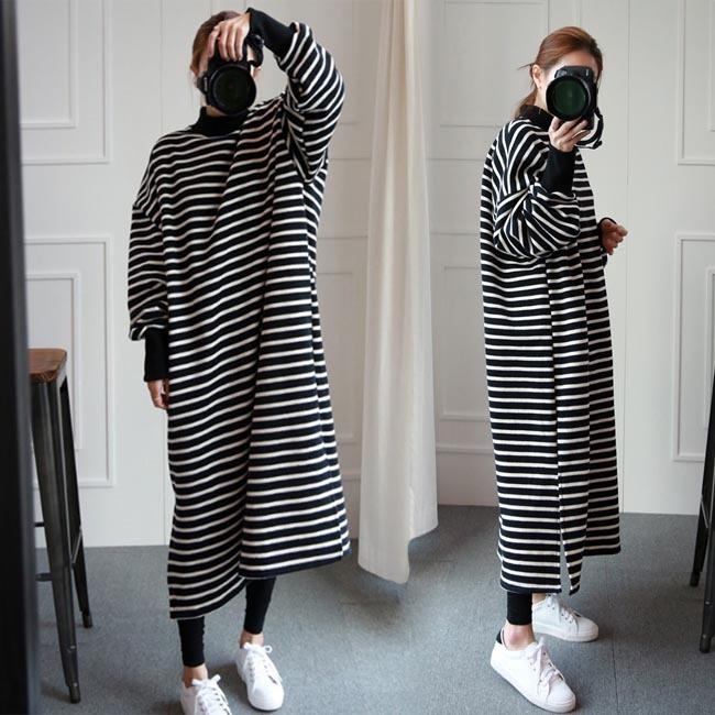 ロングワンピ ボーダー柄 レディース スウェットワンピ ロング丈 体型カバー スウェット ワンピース ゆったり マキシ丈ワンピース 秋 半額