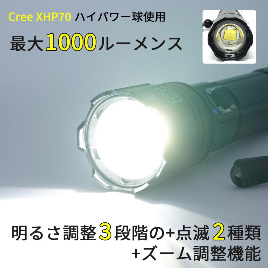 超強力 充電式 LEDライト 明るい 2000ルーメン CREE社 XHP70使用 ハンディ 懐中電灯 USB充電 防災用品 防災ライト tkh ymt｜tokyo-tools｜03