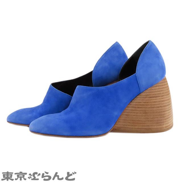 ロエベ LOEWE チャンキーヒール パンプス ブルー スウェード ウッド 