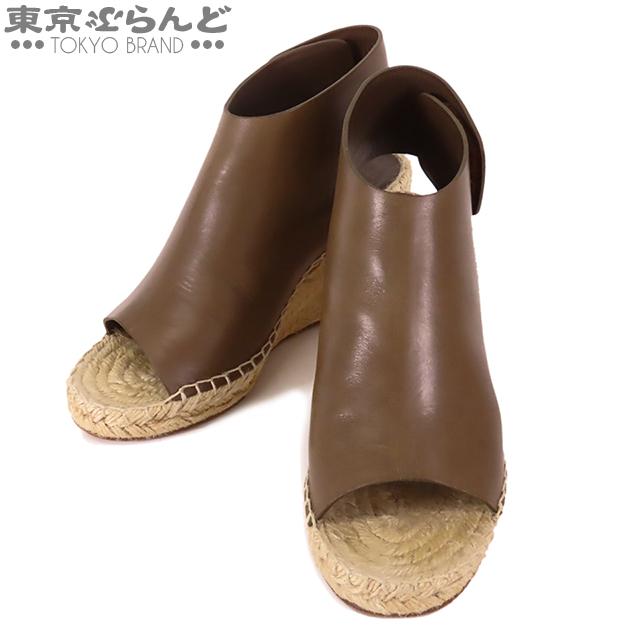CELINE セリーヌ カーキxナチュラル レザー 麻 ウェッジソール CELINE セリーヌ カーキxナチュラル レザー 麻 ウェッジソール