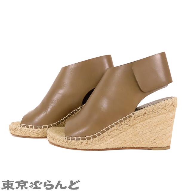 CELINE セリーヌ カーキxナチュラル レザー 麻 ウェッジソール CELINE セリーヌ カーキxナチュラル レザー 麻 ウェッジソール