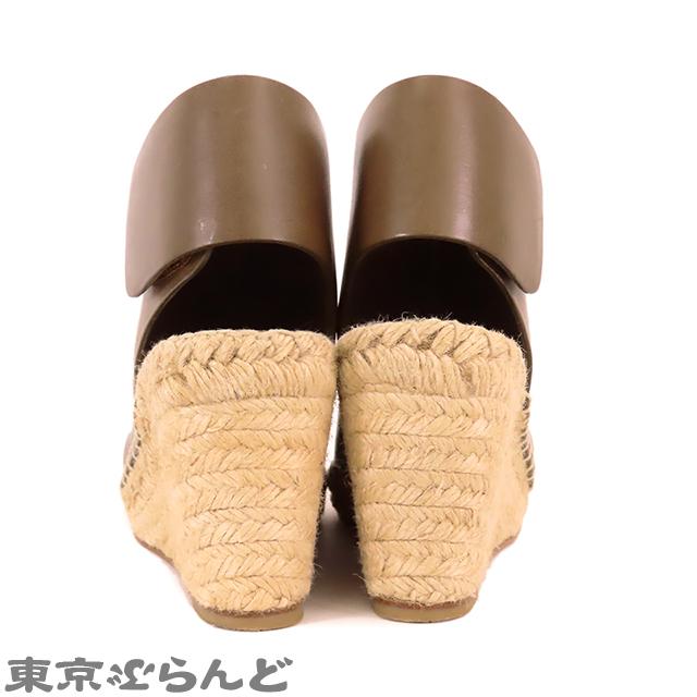 CELINE セリーヌ カーキxナチュラル レザー 麻 ウェッジソール CELINE セリーヌ カーキxナチュラル レザー 麻 ウェッジソール