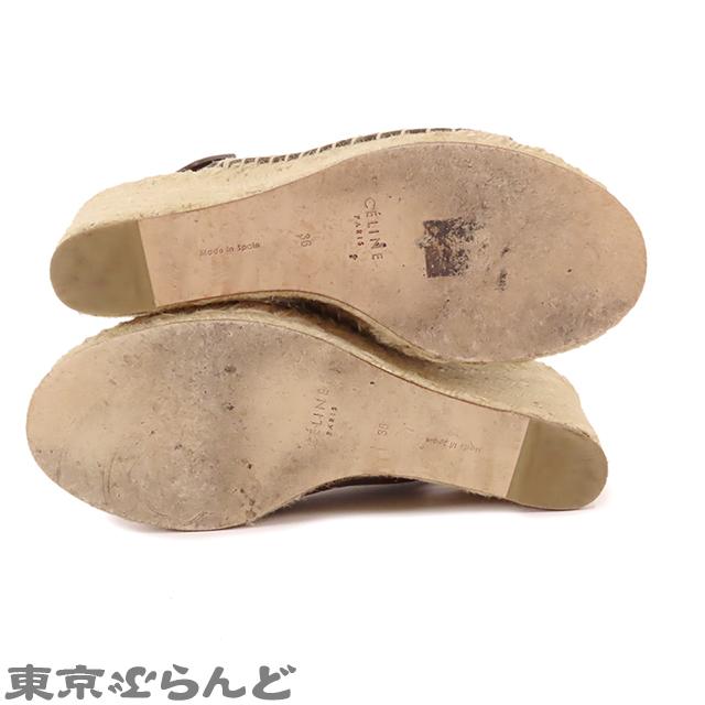 CELINE セリーヌ カーキxナチュラル レザー 麻 ウェッジソール CELINE セリーヌ カーキxナチュラル レザー 麻 ウェッジソール