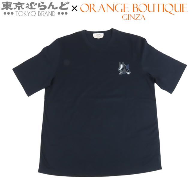 HERMES エルメス レザーパッチ クルーネック ネイビー コットン S 半袖 