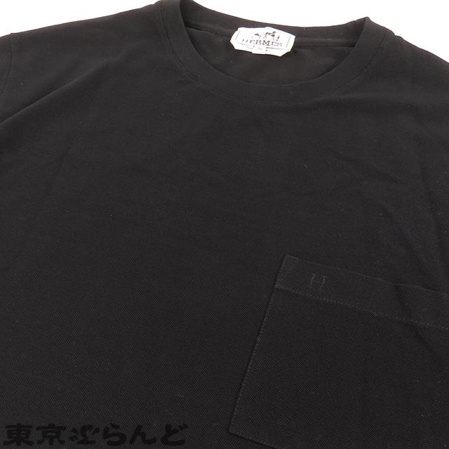 HERMES（エルメス） ポケットTシャツ ブラック コットン ロゴ刺繍 XL