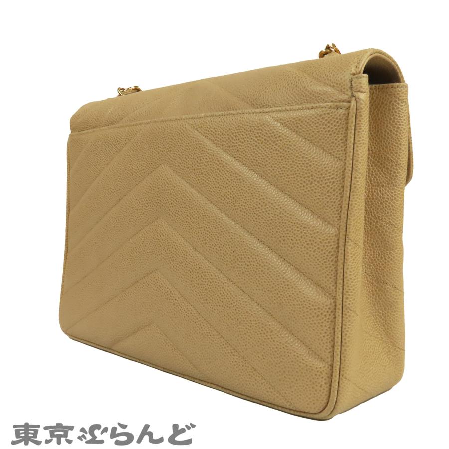 CHANEL（シャネル） シェブロン フラップバッグ ベージュ ゴールド金具 