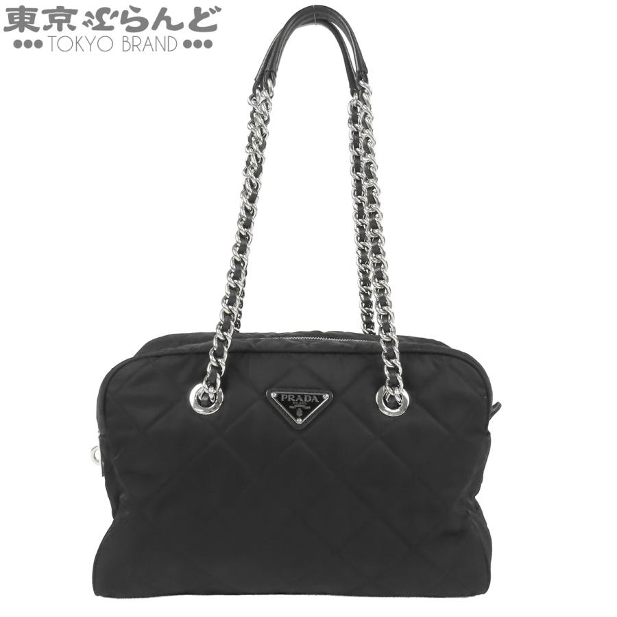 【美品】プラダ トートバッグ ブラック チェーン レザー レディース PRADA（プラダ） インプントゥ ブラック 黒 テスート チェーン