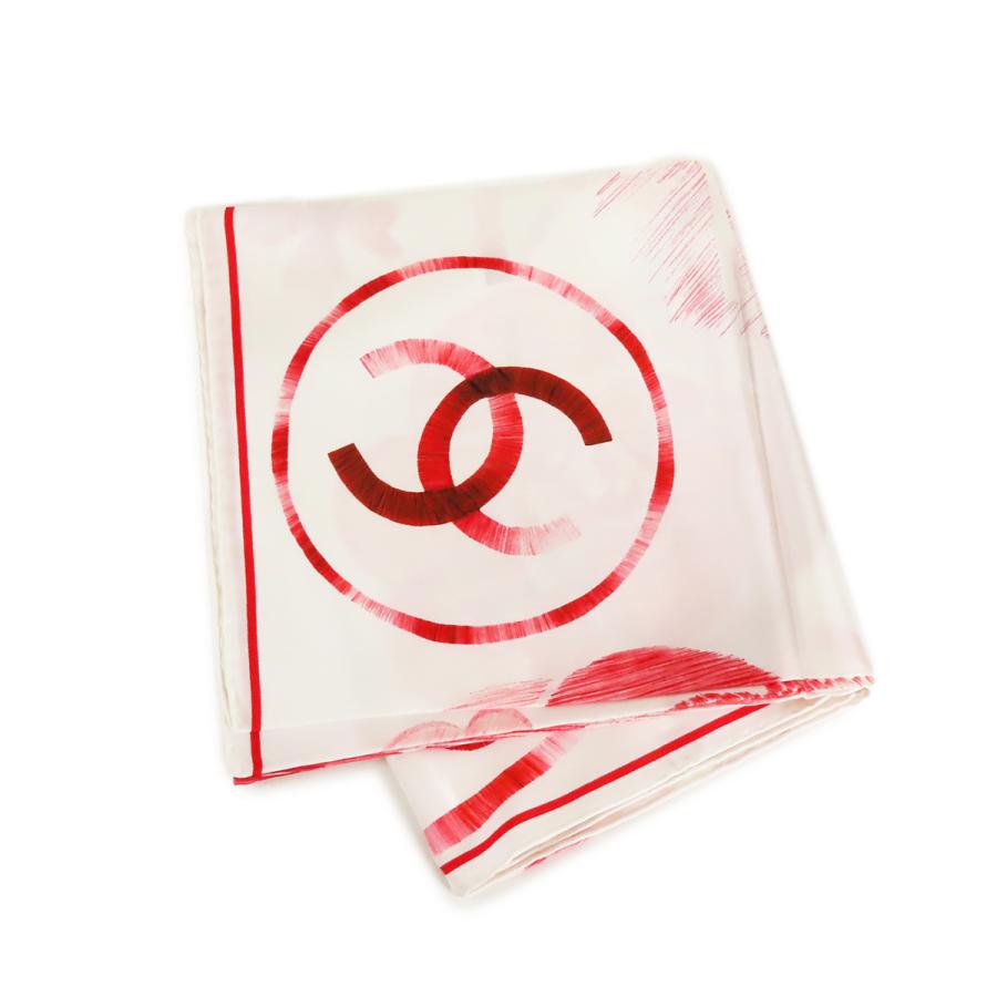 CHANEL（シャネル） カメリア スカーフ ホワイトxレッド シルク