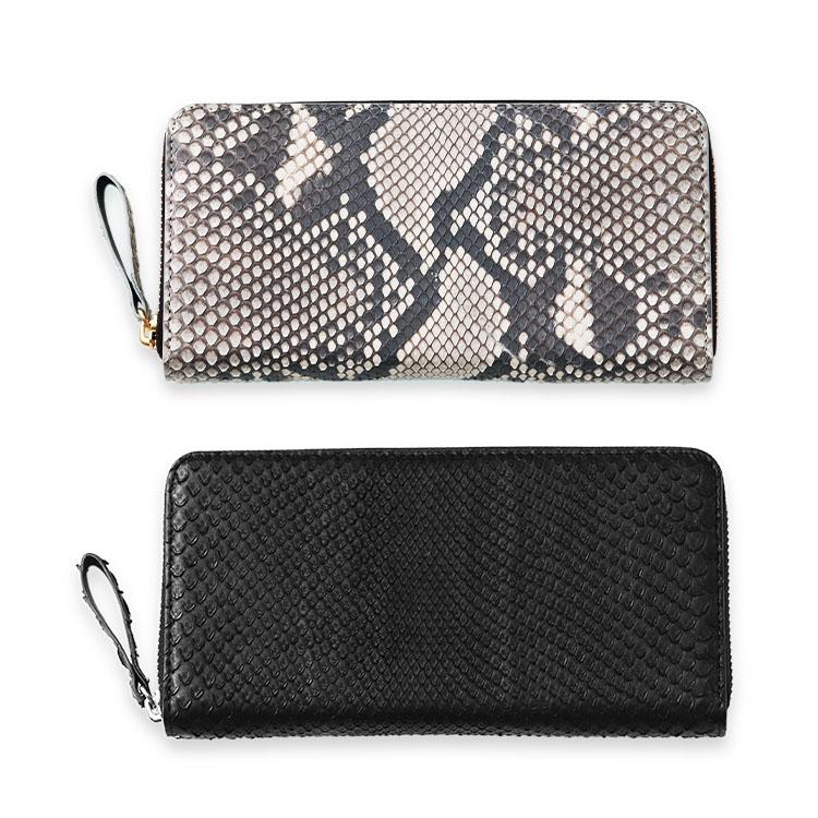 ブラックレザー長財布 パイソン柄ディテール レザークラフト優 財布/長財布/蛇革/蛇皮/ラウンドファスナー