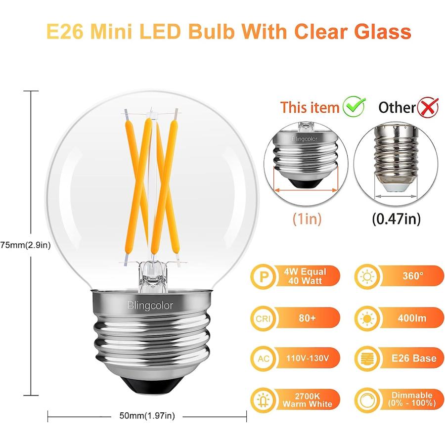 BLINGCOLOR Dimmable E26 LED Bulb 4W Equal E26 40 Watt Light Bulb  6 Pack E26 Globe Edison Light Bulbs Warm White 2700K G16.5 Light Bulb led for Pen｜tokyootamart｜02