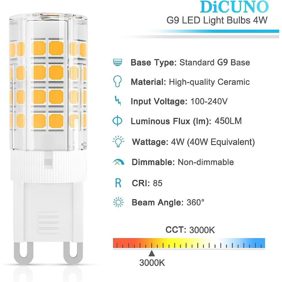 DiCUNO G9 LED Light Bulb 4W 40W Halogen Replacement Warm White 3000K  G9 Bi-Pin Ceramic Base 120V 450LM Non-dimmable for Chandelier Light Bulbs  6-｜tokyootamart｜03