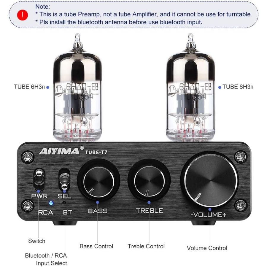AIYIMA Tube T7 Audio 6N3 Tube Preamp Bluetooth 5.0 Warm Vacuum Buffer Preamplifier with Treble Bass Tone for Home Theater System　並行輸入品｜tokyootamart｜03