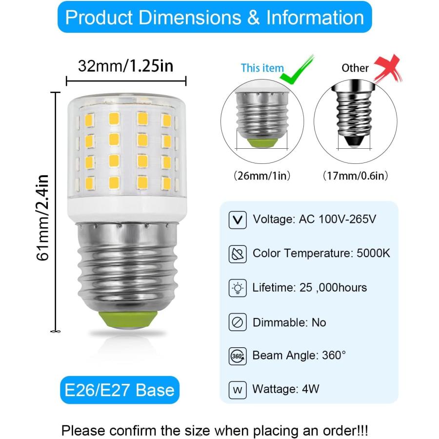 ZHENMING LED Refrigerator Light Bulb 4W Replacement AC100-265V 3.5W Refrigerator Bulb  E26 Medium Base Compact Bright Corn Lamp for Fridge Freezer｜tokyootamart｜03