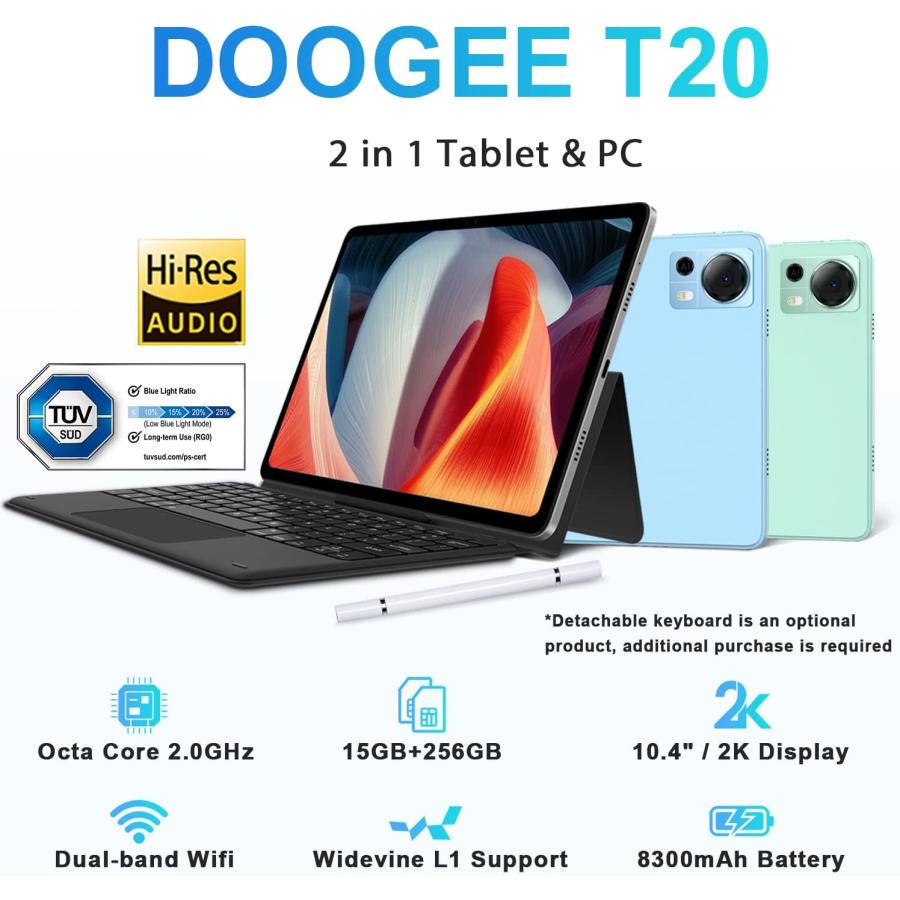 DOOGEE T20タブレット 2023、2K 10.4インチスクリーン Android 12タブレット RAM 8GB+7GB、256GB+1TB拡張可能ストレージ、4G LTEネットワーク、SIMカードフリ｜tokyootamart｜02