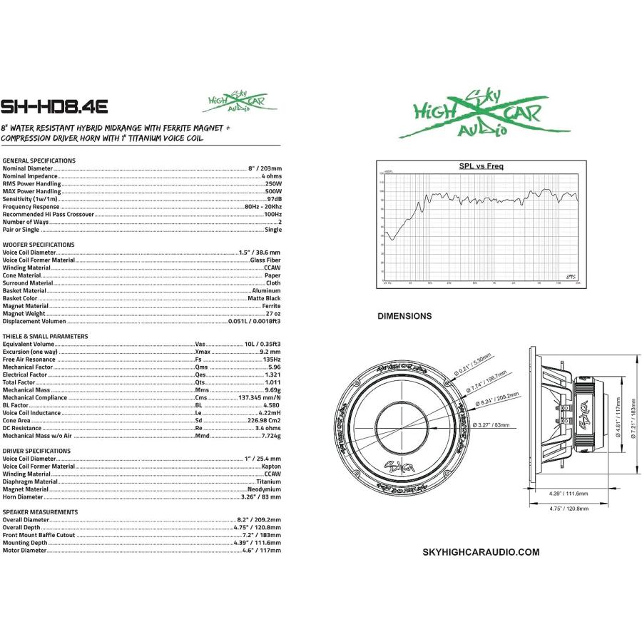 Sky High HD8.4E 8インチ ハイブリッド ミッドレンジ 同軸 カーオーディオ スピーカー 500ワット 4オーム (シングル)　並行輸入品｜tokyootamart｜06