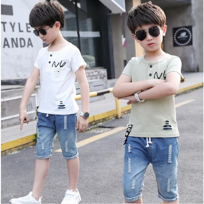 子供上下セット 男の子 スウェット2点セット 半袖Tシャツ+デニムパンツ 五分丈 カジュアル キッズ ジュニア 子供服 夏新作|tokyoplenza012|02
