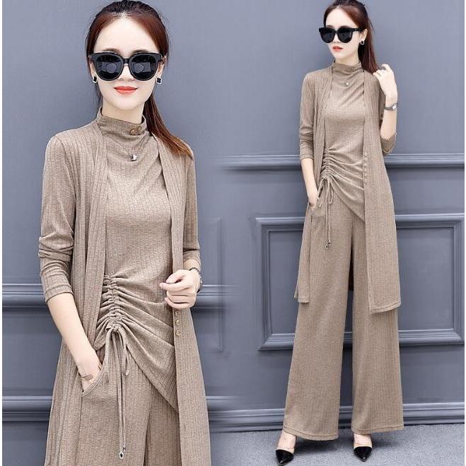 セットアップ レディース3点セットノースリーブ ガウチョパンツ カーディガン ウエストゴム ニットセット 着痩せシンプル 40代50代60代 春秋 2周年記念イベントが