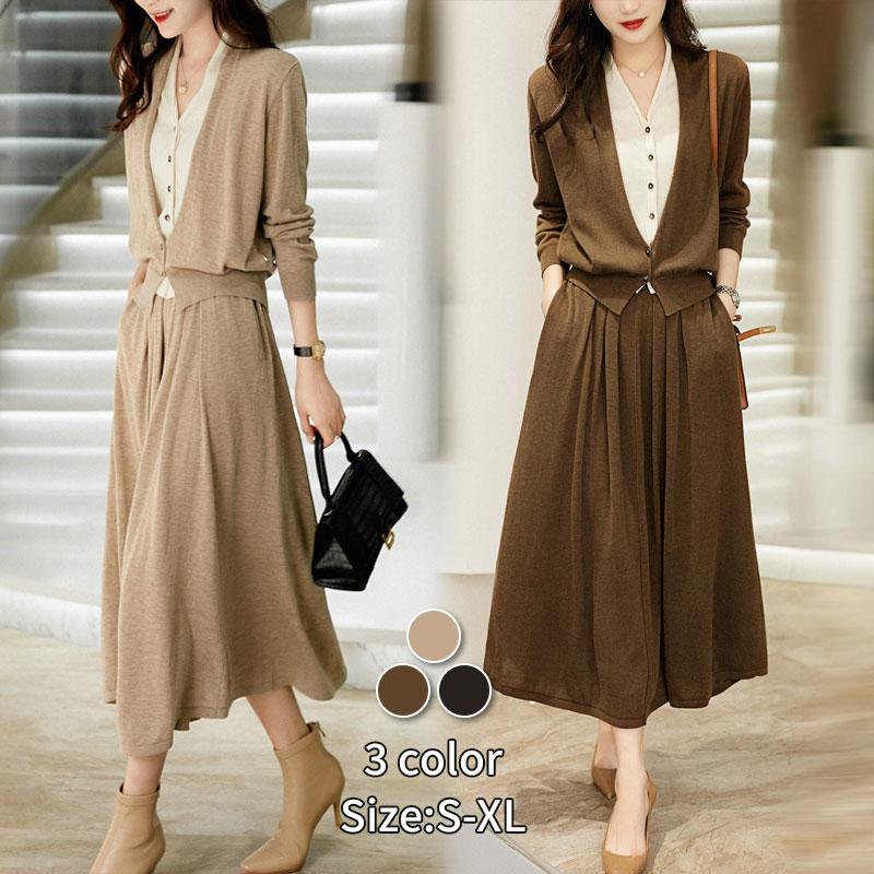 セットアップ レディース 秋冬 きれいめ 重ね着 長袖ニット