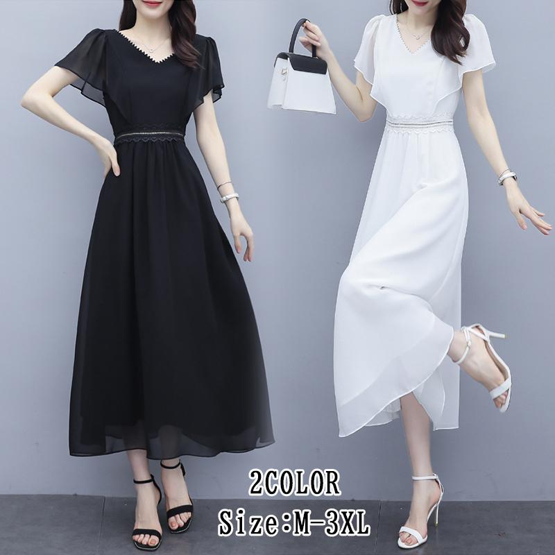 ファッション通販 ワンピース レディース きれいめ 夏 ロングワンピース フレア 半袖 無地 シフォン 大きいサイズ ドレス オシャレ 通勤 大人 上品 着痩せ