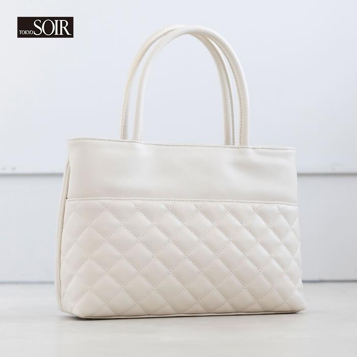 即日発送 ホワイト キルティング ハンドバッグ 東京ソワール トートバッグ 鞄 セレモニー 手提げ ハンドバッグ