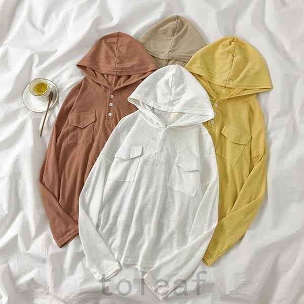 長袖tシャツレディースパーカーtシャツフード付きゆったり無地カットソーゆったりtシャツ長袖春秋重ね着 最高級