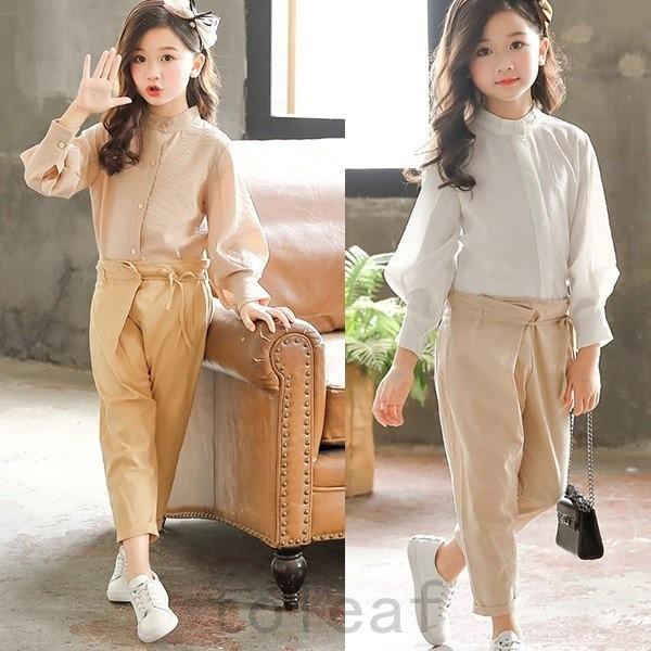 子供服女の子2点セット長袖シャツ長ズボン9分ズボン春秋上下セットキッズ無地ブラウストップスボトムス大人気1cm 165cm 100 品質保証
