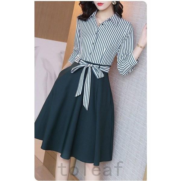 1169円 新作多数 シャツワンピースレディース40代ワンピース秋きれいめ膝丈ワンピース長袖ボーダー柄ワンピースロング丈aライン着痩せ通勤結婚式おしゃれ