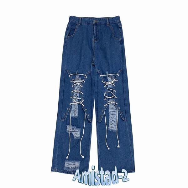 貴重 roar ロアー クラッシュ デニム パンツ ジーンズ 1 (S) y2k デニムパンツ レースアップ Y2K ストリート ガルクラ リップド