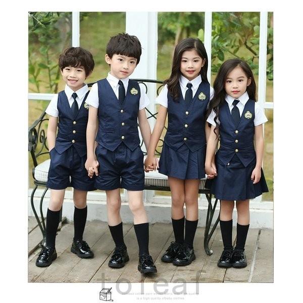 子供ジュニア用制服3点セットアップ男の子シャツ パンツ ベスト女の子シャツ ワンピース ベスト
