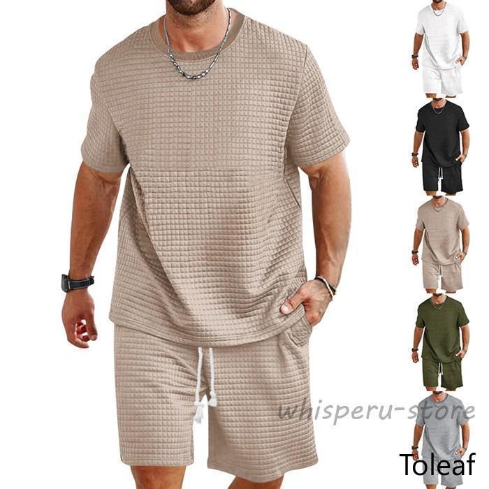 メンズ 上下セット ワッフル 凹凸 半袖Tシャツ ハーフパンツ