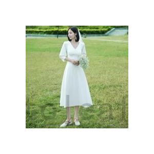 春夏新作 ウェディングドレスミモレ丈二次会花嫁ドレスワンピース結婚式ドレスパーティードレス膝丈ミモレ袖ありおしゃれシンプル可愛いナチュラルカジュ Aライン サイズ サイズs Www Grtitalia Org
