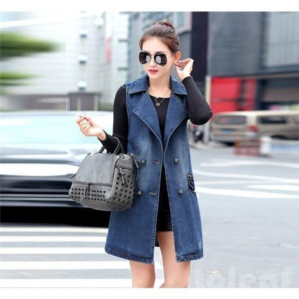 有名なブランド デニムベストジレレディースデニムアウターロング丈前開き羽織り秋服カジュアルポケット付きオーバーノースリーブゆったり着痩せ 前開き サイズ Xl Www Casinomendoza Com Ar