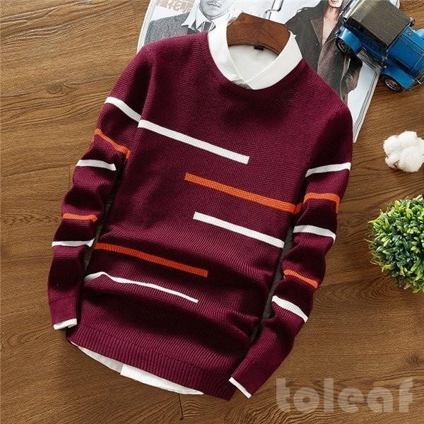 ニットセーターセーターメンズニットクルーネックボーダー暖かいおしゃれ仕事用秋冬カジュアル防寒着