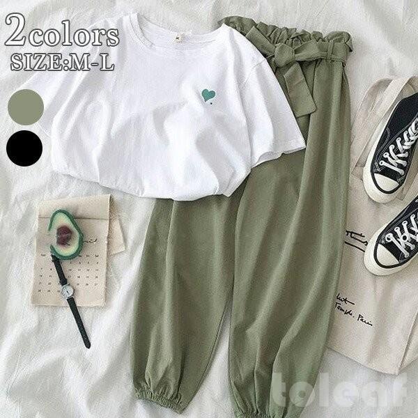 セットアップ 可愛い 上下セット カジュアル Tシャツ サルエルパンツ おしゃれ ルームウェア トップス レディース