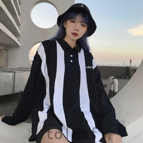 新発売 ポロシャツ ファッション レディース ビッグシルエット ロンt モノトーン あり ストライプ柄 ポロシャツ 長袖 トップス ワンポイント ロゴ ダンス 衣装 ヒップホップ コスチューム 韓国ファッション 大きいサイズ 個性的 服 Www Threeriversofs Com